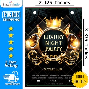 May include: A gold and black party invitation with a crown, speakers, and the text "Luxury Night Party" and "Styleclub". The invitation is 2.125 inches by 3.375 inches.