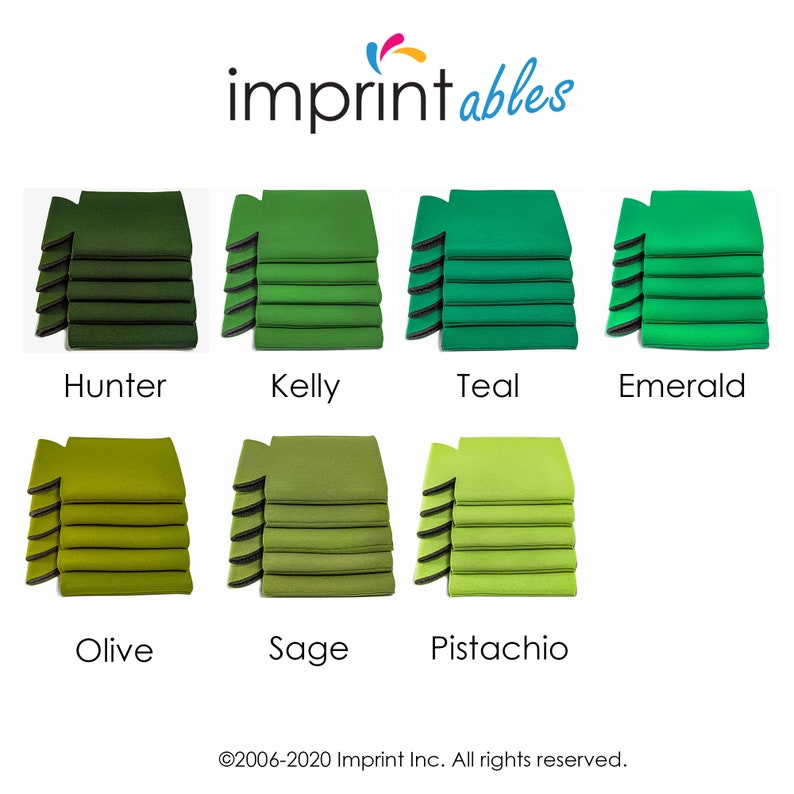 Puede incluir: Un conjunto de diez enfriadores de latas de espuma en varios tonos de verde, incluyendo Hunter, Kelly, Teal, Emerald, Olive, Sage y Pistachio. Los enfriadores de latas est&aacute;n apilados en filas de cinco. La imagen incluye el texto "imprintables" y "&copy;2006-2020 Imprint Inc. All rights reserved."