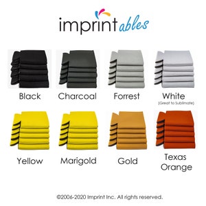 Puede incluir: Una variedad de colores de enfriadores de latas, incluyendo negro, carb&oacute;n, bosque, blanco, amarillo, cal&eacute;ndula, oro y naranja de Texas. El texto "imprintables" est&aacute; en la parte superior de la imagen. El texto "&copy;2006-2020 Imprint Inc. All rights reserved." est&aacute; en la parte inferior de la imagen.
