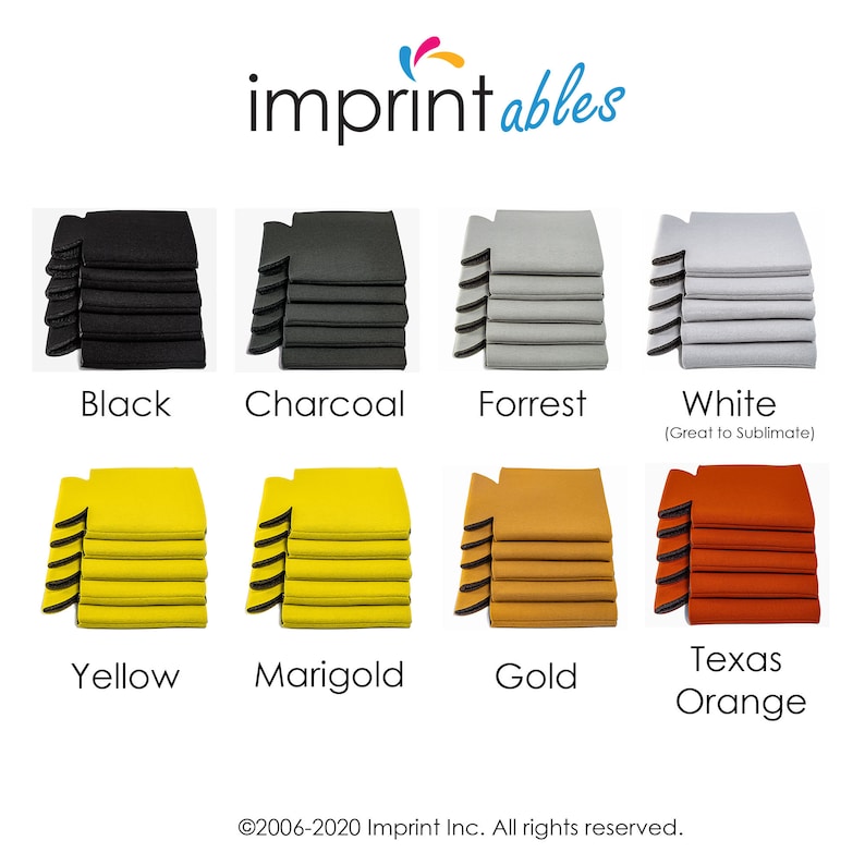 Puede incluir: Una variedad de colores de enfriadores de latas, incluyendo negro, carb&oacute;n, bosque, blanco, amarillo, cal&eacute;ndula, oro y naranja de Texas. El texto "imprintables" est&aacute; en la parte superior de la imagen. El texto "&copy;2006-2020 Imprint Inc. All rights reserved." est&aacute; en la parte inferior de la imagen.