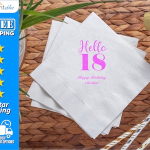 Custom 18th Birthday Napkins | Personalized Party Napkins | Hello 18 Birthday Napkins | Personalized Birthday Napkins - BN17