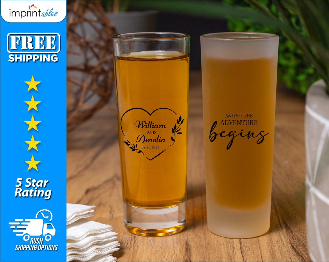 Custom Wedding Shot Glass W/ Your Names 2oz Shooters Clear & Frosted, Personalized Wedding