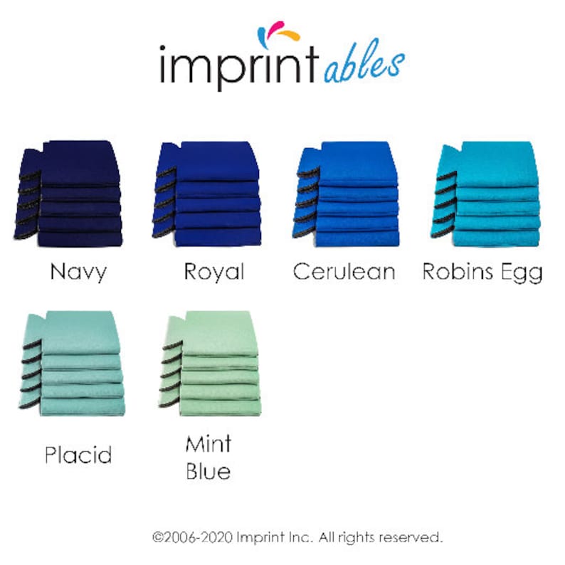 Puede incluir: Un conjunto de 10 enfriadores de latas de espuma en varios tonos de azul y verde. Los colores son azul marino, azul real, azul cer&uacute;leo, huevo de robin, pl&aacute;cido y azul menta. El texto "imprintables" est&aacute; en la parte superior de la imagen. El texto "&copy;2006-2020 Imprint Inc. Todos los derechos reservados." est&aacute; en la parte inferior de la imagen.