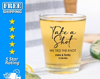 Take A Shot We Tied The Knot Shot Glasses - 1.75 oz Clear & Frosted, Personalized Wedding ShotGlasses, Custom Wedding Favors - SG4