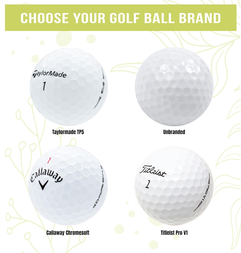 Puede incluir: Imagen de cuatro pelotas de golf blancas con diferentes marcas: TaylorMade TP5, Unbranded, Callaway Chromesoft y Titleist Pro V1. El texto "CHOOSE YOUR GOLF BALL BRAND" est&aacute; en la parte superior. Las pelotas tienen una superficie con hoyuelos.