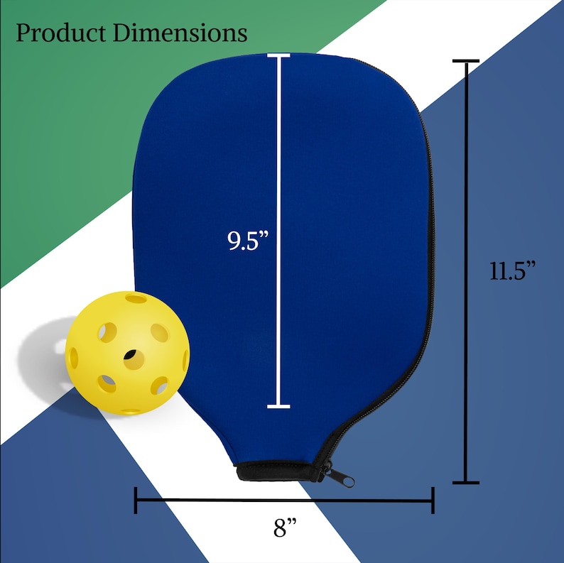 Pode incluir: Uma capa azul para raquete de pickleball com z&iacute;per, medindo 24 cm de altura e 20 cm de largura. Uma bola de pickleball amarela com buracos est&aacute; ao lado da capa. As dimens&otilde;es do produto s&atilde;o exibidas.