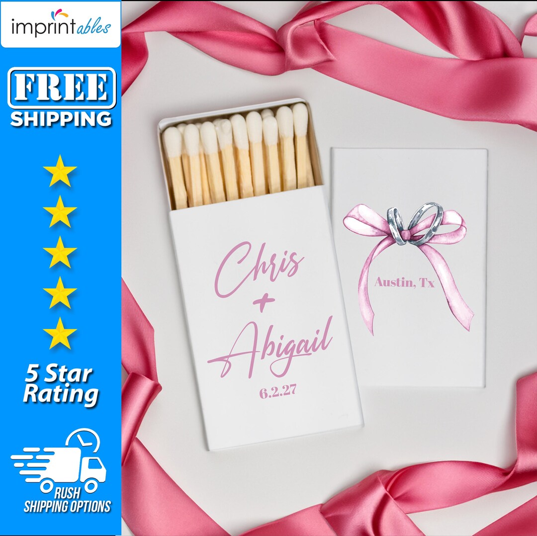 Custom Wedding Matchbox, Personalized Matches, Pink Bow Wedding ...