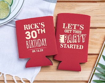 May include: Two red foam can coolers. One cooler says "Rick's 30th Birthday 09.12.22". The other cooler says "Let's Get This Party Started".
