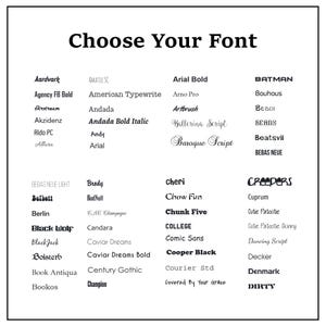 Pode incluir: Um gr&aacute;fico em preto e branco exibe uma variedade de fontes. O texto "Choose Your Font" est&aacute; no topo. Exemplos de fontes incluem Arial Bold, Bauhaus e Comic Sans. Ideal para design gr&aacute;fico e tipografia.