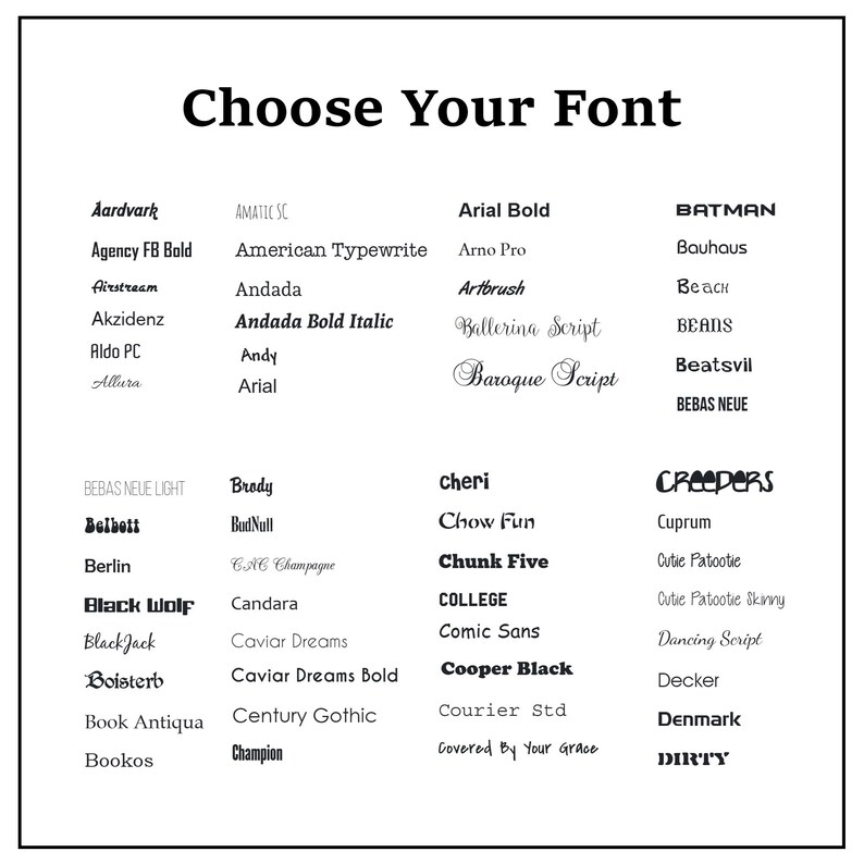 Pode incluir: Um gr&aacute;fico em preto e branco exibe uma variedade de fontes. O texto "Choose Your Font" est&aacute; no topo. Exemplos de fontes incluem Arial Bold, Bauhaus e Comic Sans. Ideal para design gr&aacute;fico e tipografia.