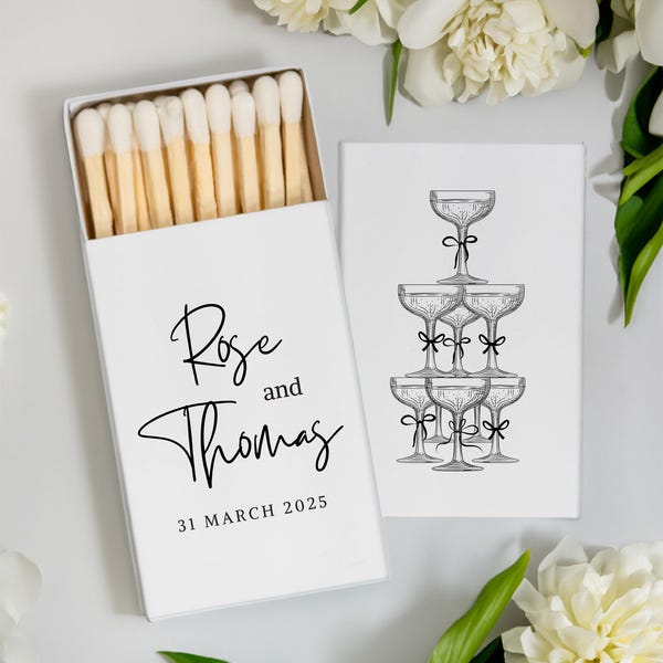 BULK Custom Match Boxes, Personalized Matchboxes, Logo Matchbox, Champagne with Bow Match | Custom Wedding Favors, Custom Bachelorette