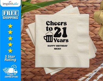 Custom 21st Birthday Party Napkins | Personalized Beverage Napkins | Cheers to 21 Birthday Napkins | Personalized 21st Napkins - BN14
