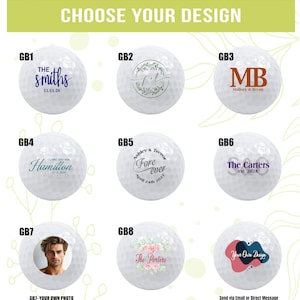 Puede incluir: Bolas de golf blancas con varios dise&ntilde;os personalizados. Los dise&ntilde;os incluyen nombres, iniciales, fechas y una foto. El texto en las bolas incluye "The Smiths", "Hamilton", "Fore Ever", "The Carters" y "The Porters". El banner superior dice "Choose Your Design".
