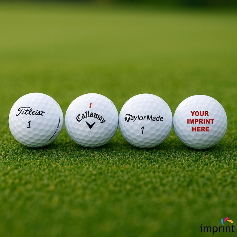 Puede incluir: Cuatro pelotas de golf blancas con diferentes nombres de marcas y el n&uacute;mero 1 impreso. Las marcas son Titleist, Callaway y TaylorMade. La cuarta pelota tiene el texto "YOUR IMPRINT HERE" en rojo. Las pelotas de golf est&aacute;n sobre hierba verde.