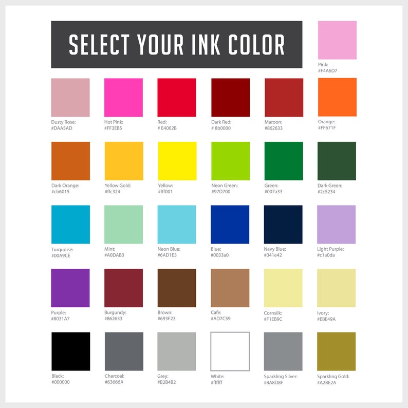 Pu&ograve; includere: Una cartella colori con 36 diversi colori di inchiostro, ognuno con un nome e un codice colore esadecimale. I colori sono disposti in righe e colonne, e la cartella &egrave; etichettata "Seleziona il tuo colore di inchiostro".