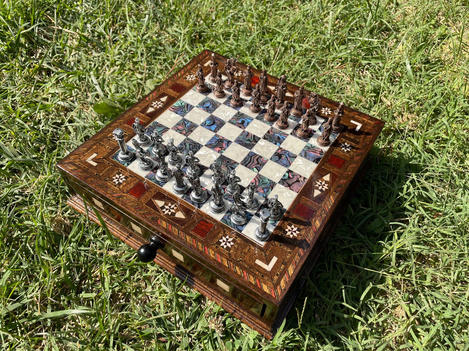 Handmade Crusader Chess Set, Mother of Pearl Motifs Inlay, Historical Metal Pieces