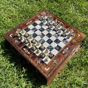 Luxury Black Design Chessboard, Glossy Board w/ Gold Silver Metal Pieces – Handmade Gift for Him, Dad, Anniversary & Collectors Chess Set