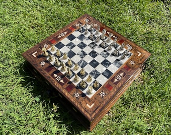 Handmade Wooden Chess Set, Glossy Board with Metal Pieces