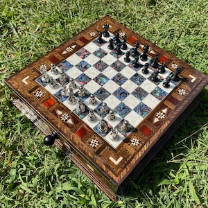 Luxury Handmade Chess Set - Wooden Board With Mother Of Pearl Inlay Motifs, Black-Silver Pieces, Drawer Storage, Personalized Gift Idea