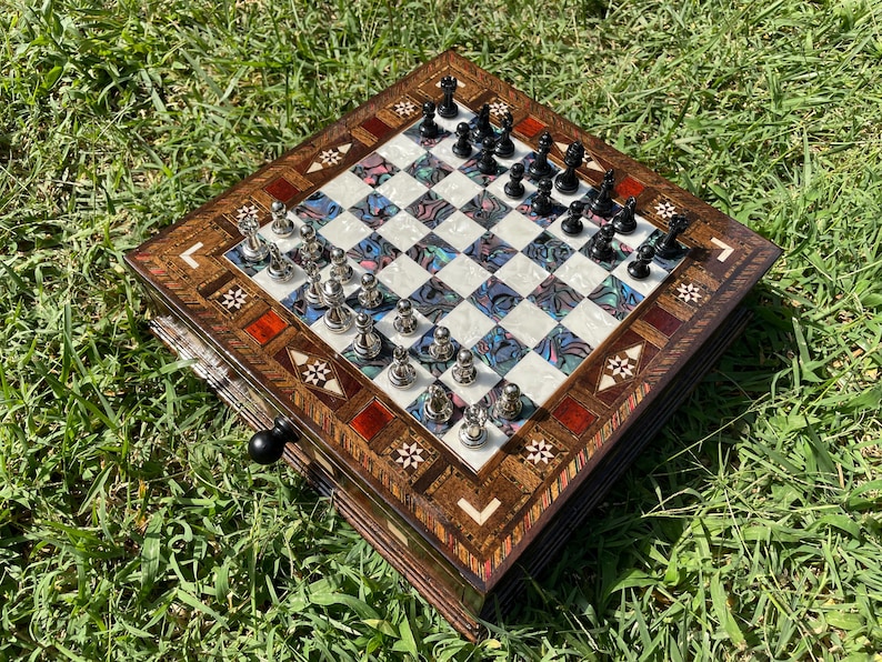 Luxury Handmade Chess Set - Wooden Board With Mother Of Pearl Inlay Motifs, Black-Silver Pieces, Drawer Storage, Personalized Gift Idea