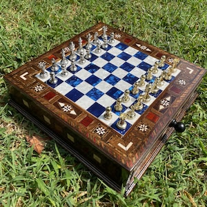 Luxury Handmade Wooden Chess Set – Mother Of Pearl Inlay Board, Premium Metal Pieces, 5 Styles, Drawer Storage | Free Custom Name Tag Gift
