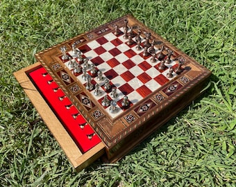 Personalisierte handgefertigte Palisander Schach-Set mit Aufbewahrungsbrett & Metall Stück Variationen
