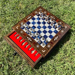 Blue Luxury Pearl Motifs Handmade Solid Wooden Board with Classic & Historic Metal Chess Pieces for Halloween Gift, Custom Chess Set Gift