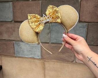 Belle Inspired Minnie Ears | Gold Glitter Disney Ears