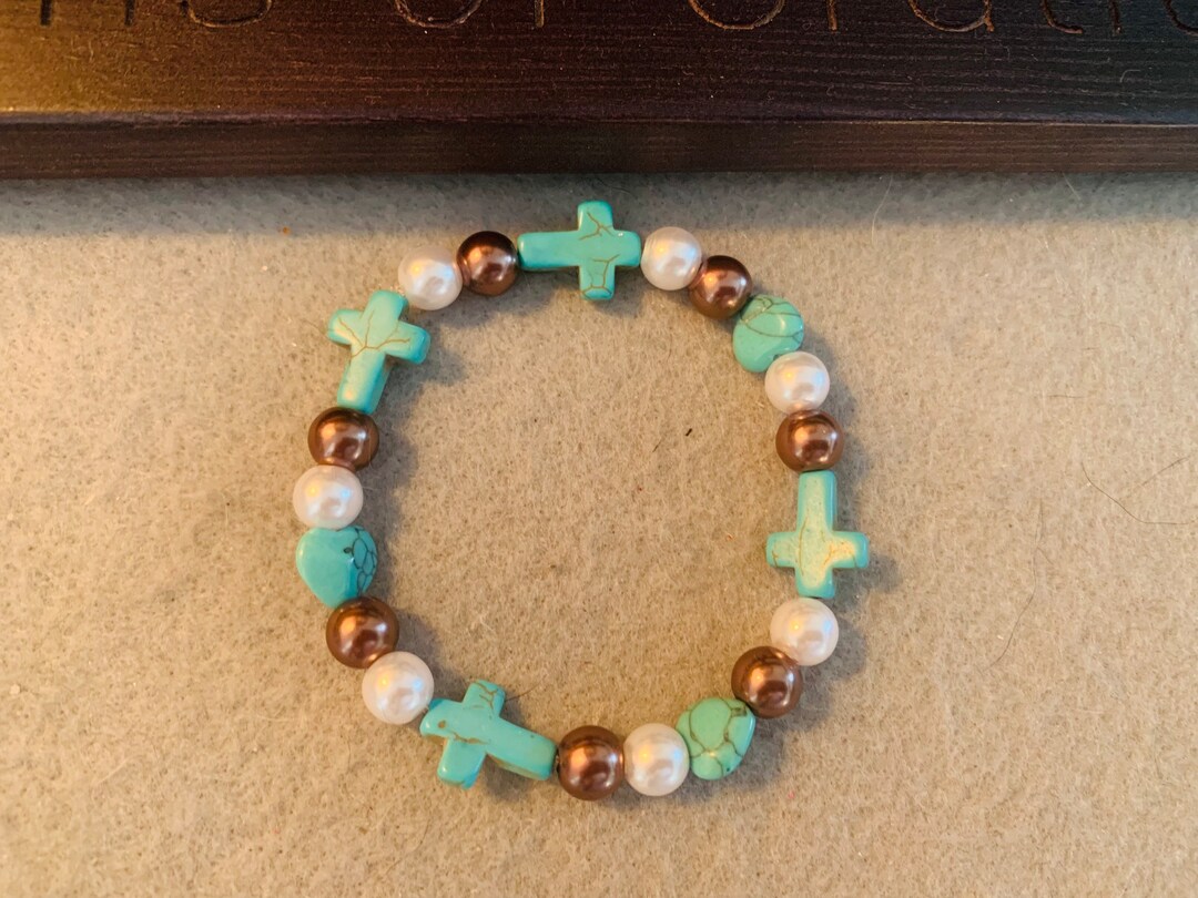 Turquoise beaded bracelet with sterling silver cross and engraved hope