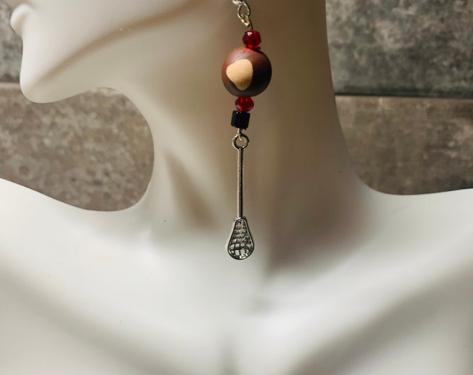 Lacrosse earring set with red and black accent beads and polymer clay buckeyes