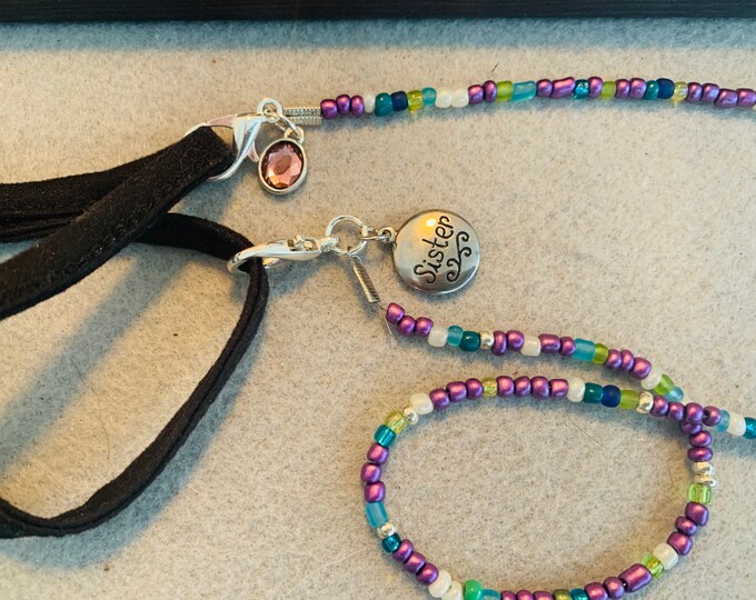 Sister/Family Birthstone Theme Beaded Mask Holder/Lanyard with “sister” charm (customer chooses charm) and birthstone charm