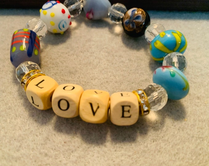 Personalized beaded stretch bracelet with wood letter beads (buyer chooses letters) - pictured “LOVE”