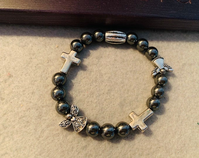 Hematite beaded stretch bracelet with angels and silver crosses   - Natural Gemstone