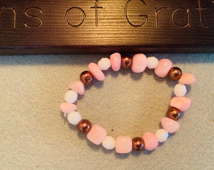 Pink stone beaded stretch bracelet with offsetting white and brown beads  - Natural Gemstone