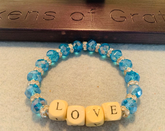 Personalized beaded stretch bracelet with wood letter beads (buyer chooses letters) - pictured “LOVE”