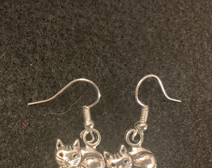 Cat Dangle Earrings- Silver