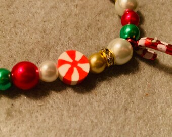 Christmas Peppermint/ Candy Cane Beaded Stretch Bracelet