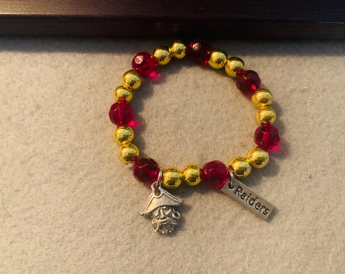 Maroon and gold Raiders beaded stretch bracelet with charms
