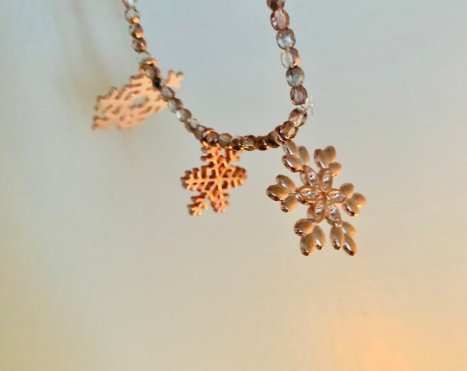 Rose Gold colored snowflake/ Christmas/Holiday Beaded Bracelet with Snowflake charms