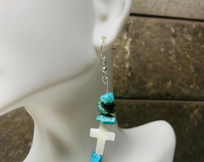 White Seashell Cross and Turquoise Colored Dangle Earrings