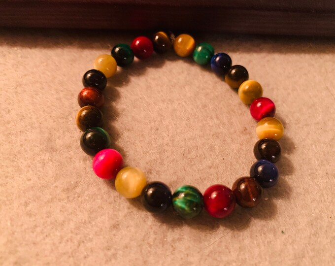 Multicolored Tigers Eye (8 mm Bead) beaded stretch bracelet  - Natural Gemstone, can be for man or woman