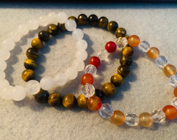 Brown Tigers Eye m, white jade, and Orange Carnelian beaded stretch bracelet set (3) 8 mm