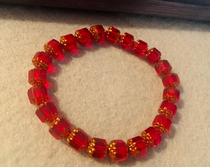 Red square Czech fire polished beads with bronze accents…beaded stretch bracelet  with crystal square beads