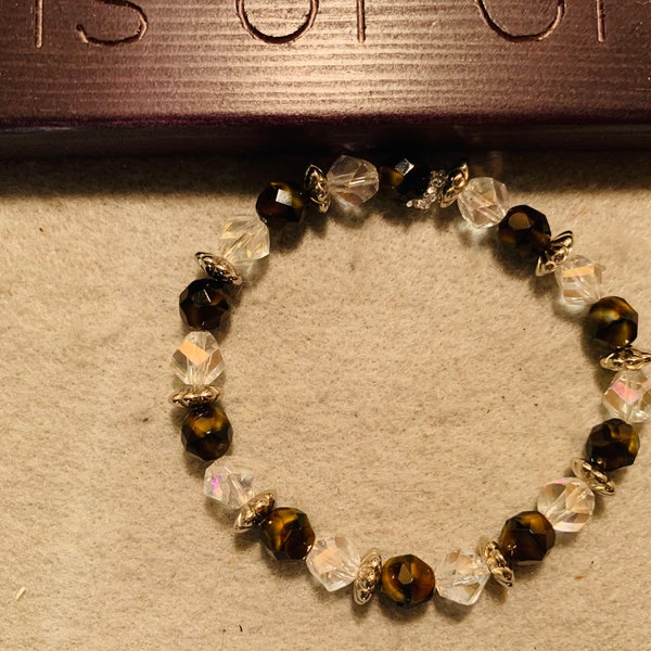 Sparkly dark brown and clear  beaded stretch bracelet