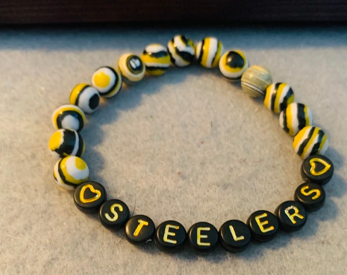 Personalized Black and Yellow Football beaded bracelet with black and yellow swirl beads