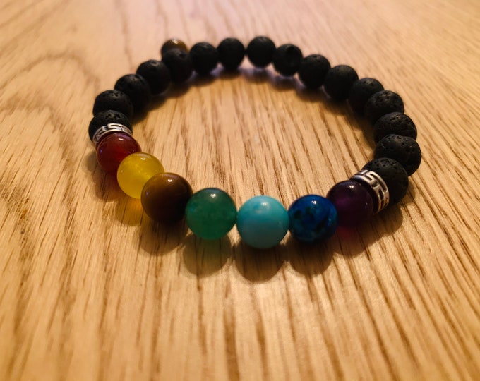 Beaded Chakra Bracelet with black lava beads and bead charm (buyer chooses bead charm from pictures)