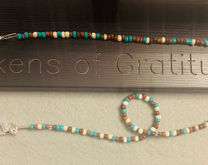 Turquoise/Brown/White Beaded lanyard for glasses/ID Badge/Mask
