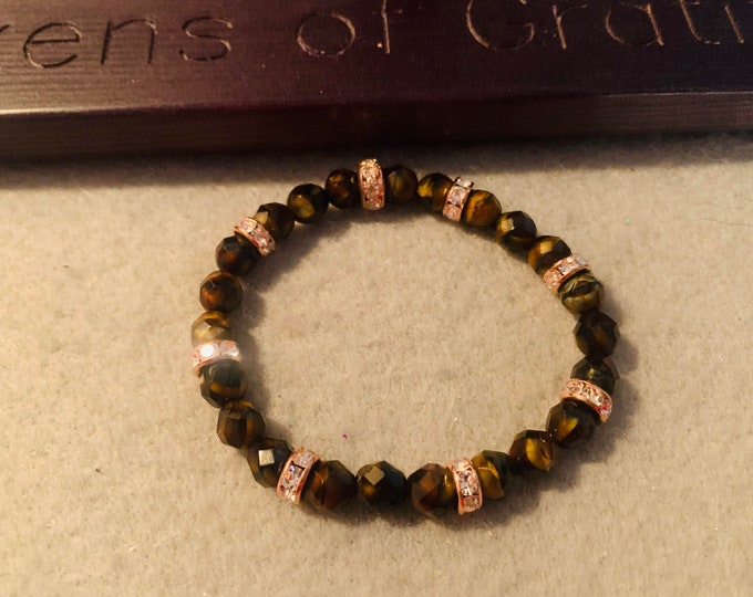 Tigers Eye beaded stretch bracelet with Fire Polish Beads (8 mm)  - Natural Gemstone