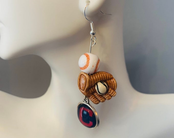 Red and blue baseball dangle earrings with baseball mitt and baseball beads