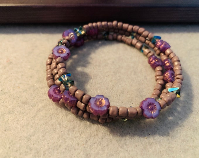 Purple flower metal wrap bracelet with grey seed beads